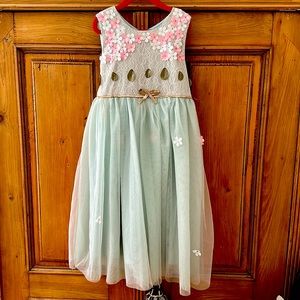 NWOT Trish Scully child midi dress in cream lace and mint tulle w/flowers sz 8